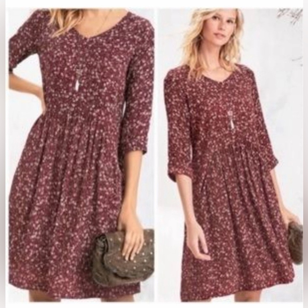 Garnet Hill Burgundy Floral V-Neck Babydoll Midi Dress Size 8 - Picture 1 of 14